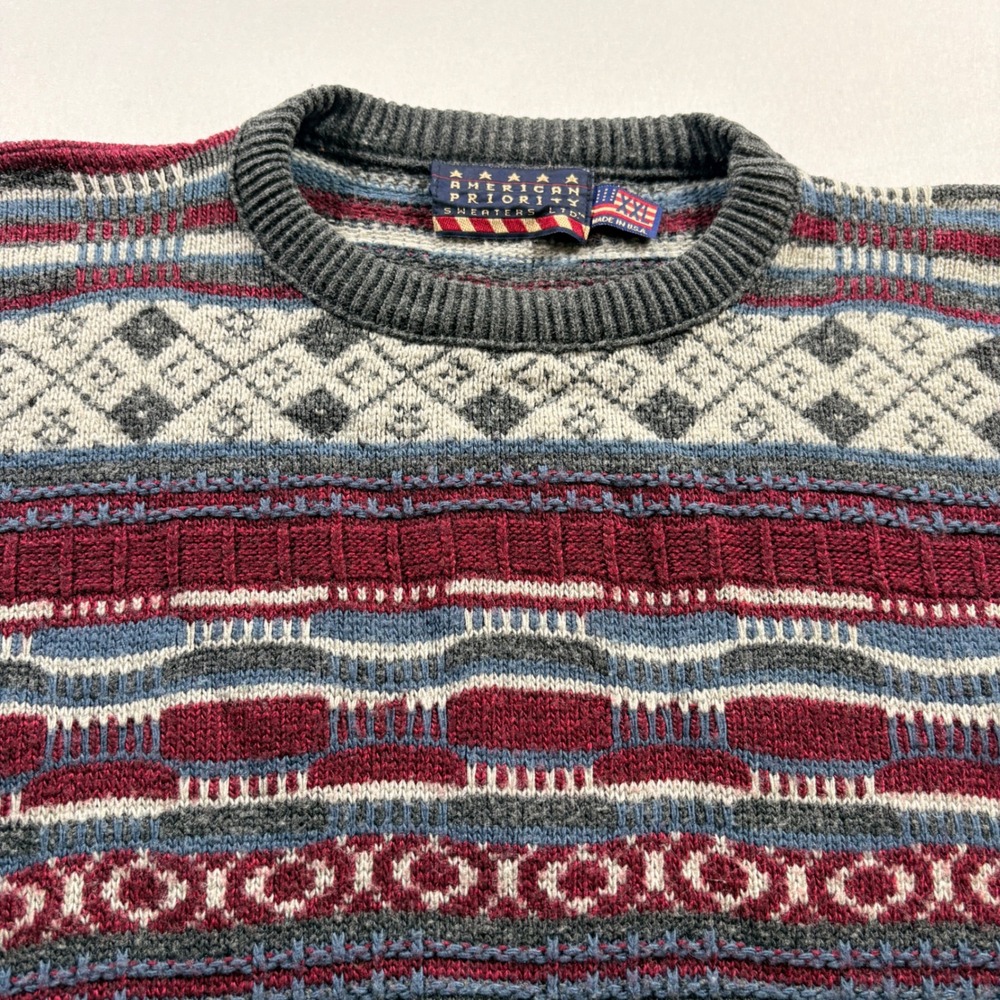 American Priority Sweater Mens XXL Vintage Fair Isle Geometric Crewneck Gray Red